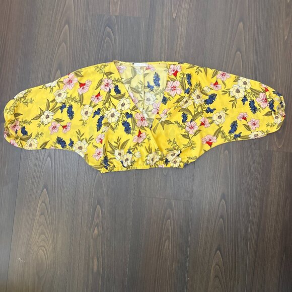Heart + Hips Floral Crop Top‎ Women’s Medium Yellow Boho Blouse Puff Sleeves - Picture 12 of 15